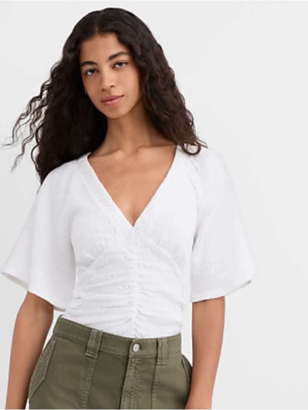 LOFT White Smocked V-Neck Flutter Sleeve Top Cotton